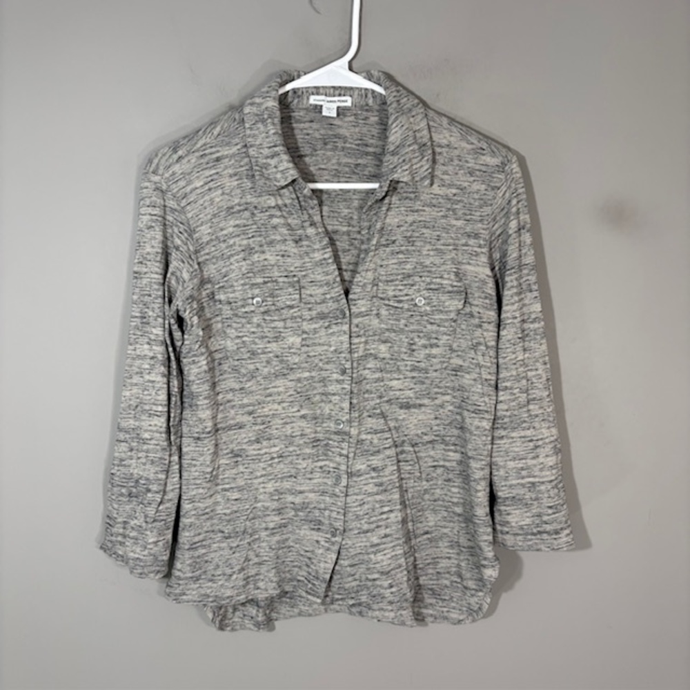 James Perse Shirt Womens S Gray Jersey Button Up 3/4 Sleeve Lightweight Casual